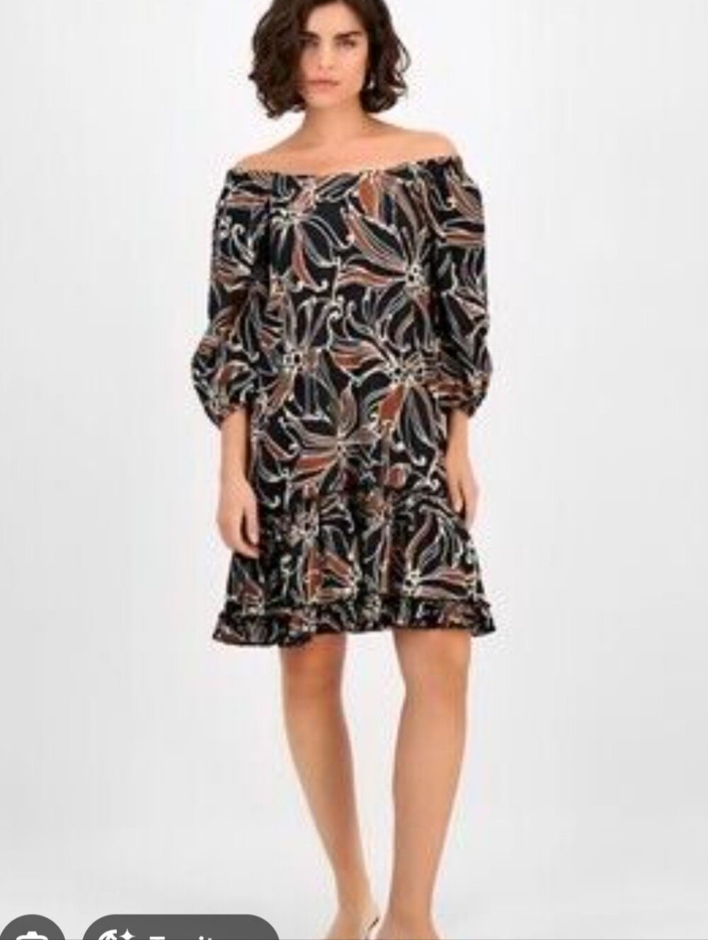 Bohemian Off-the-Shoulder Floral Mini Dress Black Brown Ruffled Hem Shift Medium